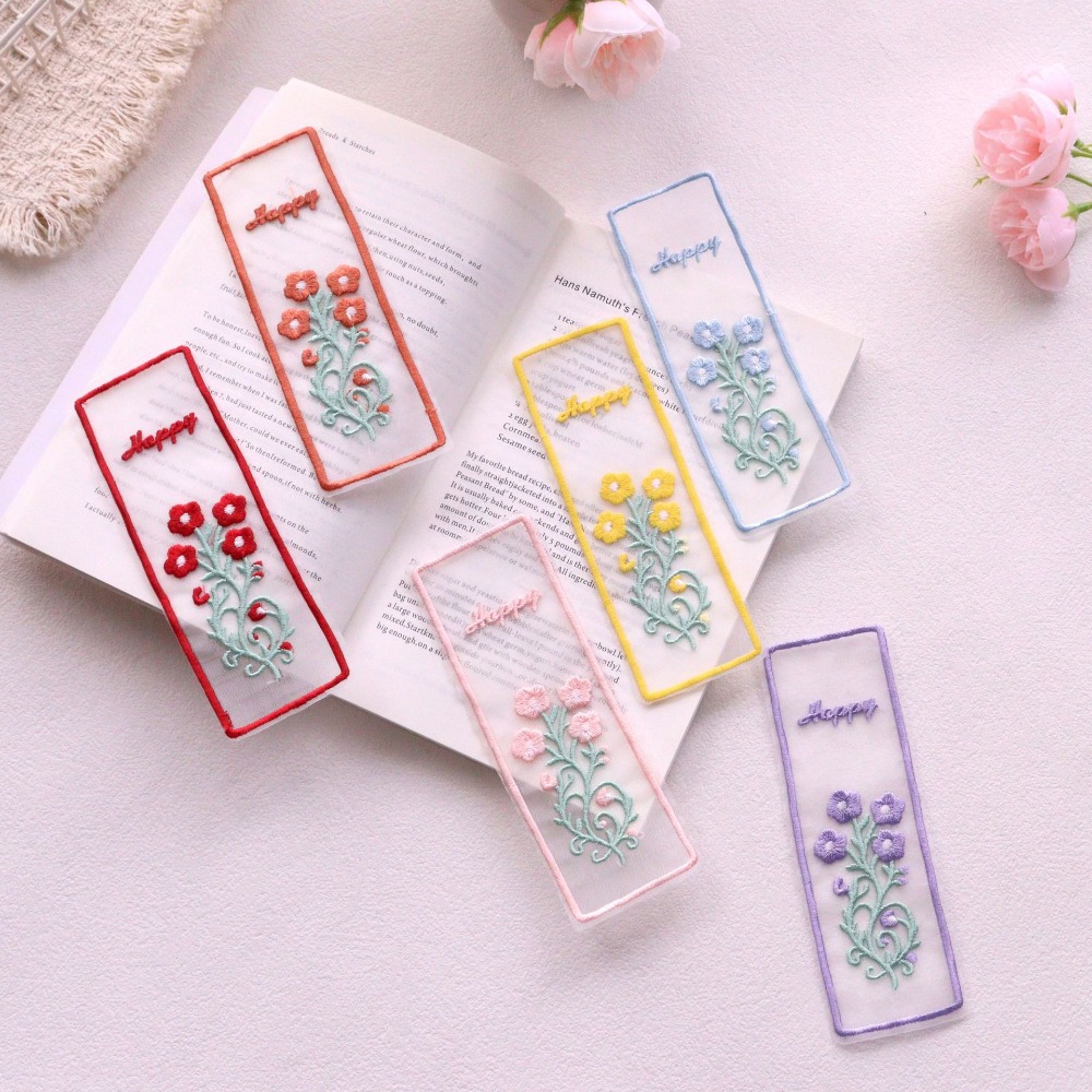 Dried Flower Bookmark - Creatieve transparante organza bladwijzers met bloemenborduurwerk,